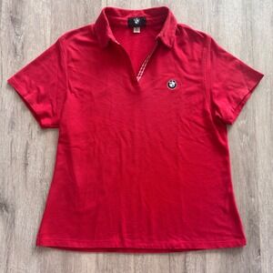 BMW Womens Red Short Sleeve V-Neck Polo Shirt Embroidered Logo Size Large